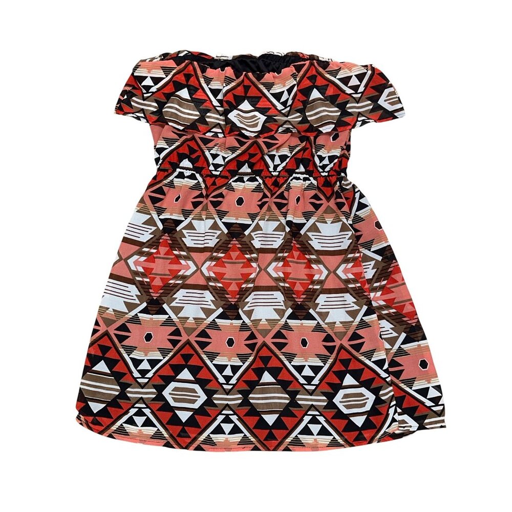 Indulge L Coral Black Geometric Off Shoulder Tie Front Elastic Waist India Dress - Picture 3 of 6